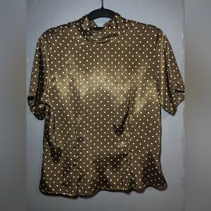 Turtleneck Blouse 10 Vintage 80s Brown White Polka Dot Short Sleeve Dress Shirt